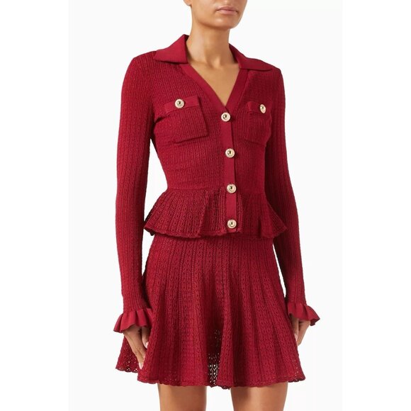 self-portrait Pointelle Knit Mini Dress in Burgundy - Picture 1 of 4